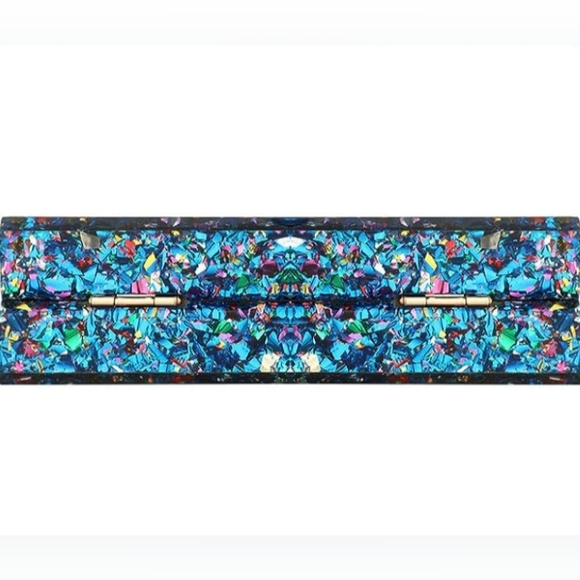 Abstract Blue Confetti Hard Case Clutch Bag Small Box Purse Chain Multicolor New - Picture 8 of 9
